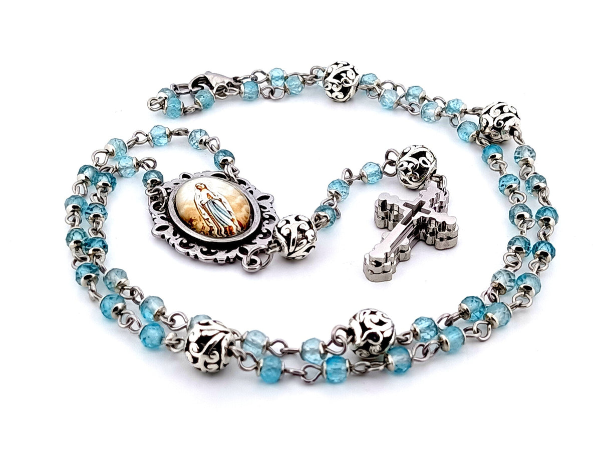 Immaculate Conception topaz gemstone and silver rosary beads with stainless steel 3D cross.