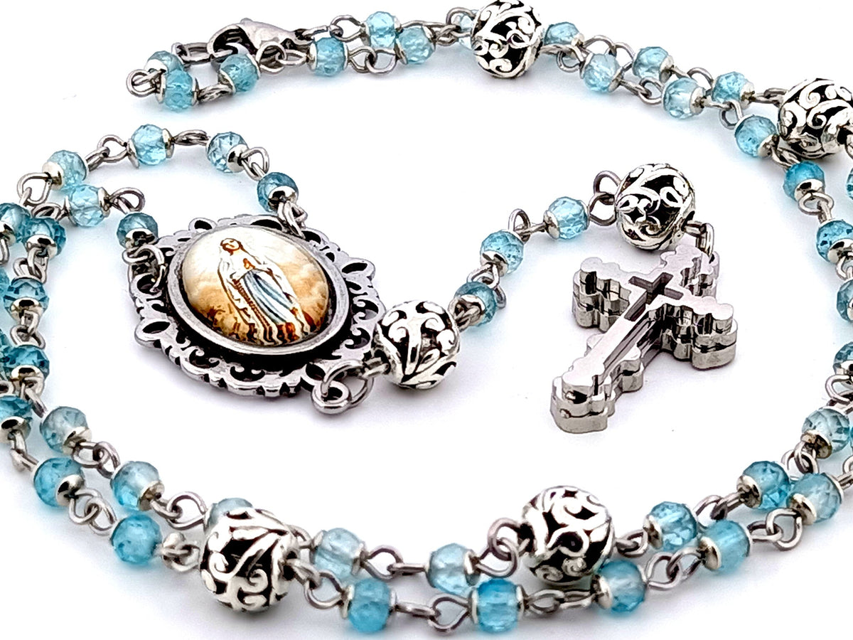 Immaculate Conception topaz gemstone and silver rosary beads with stainless steel 3D cross.