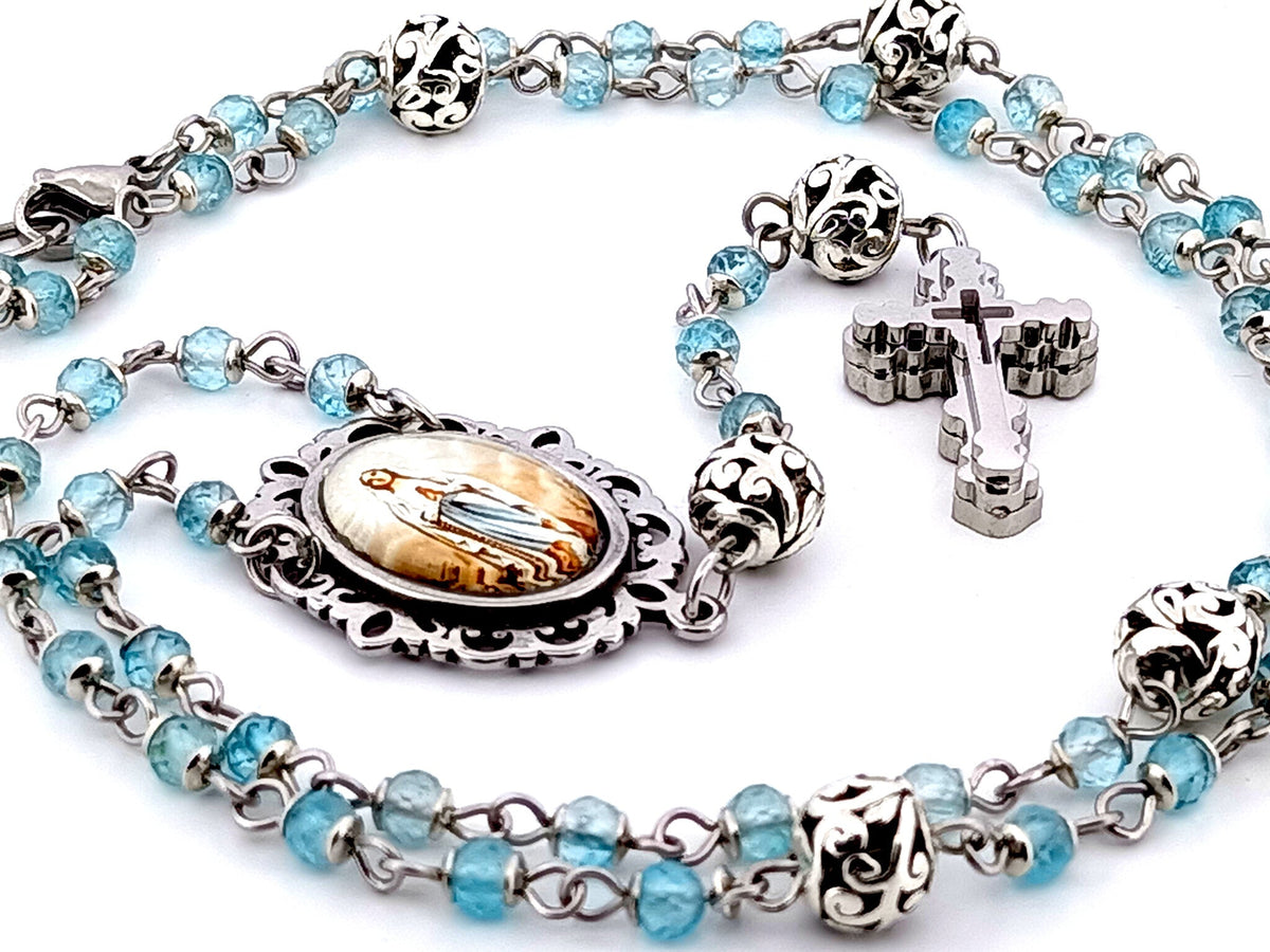 Immaculate Conception topaz gemstone and silver rosary beads with stainless steel 3D cross.
