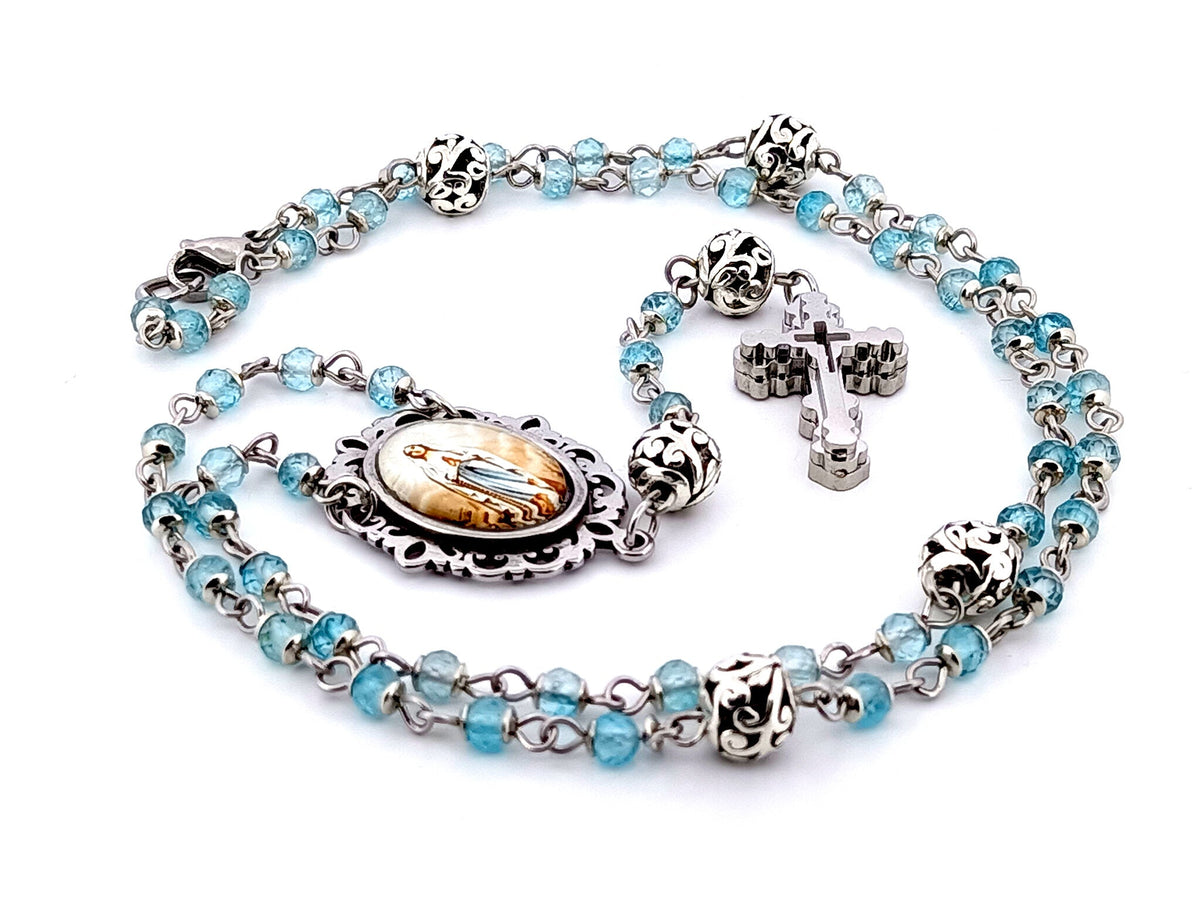 Immaculate Conception topaz gemstone and silver rosary beads with stainless steel 3D cross.