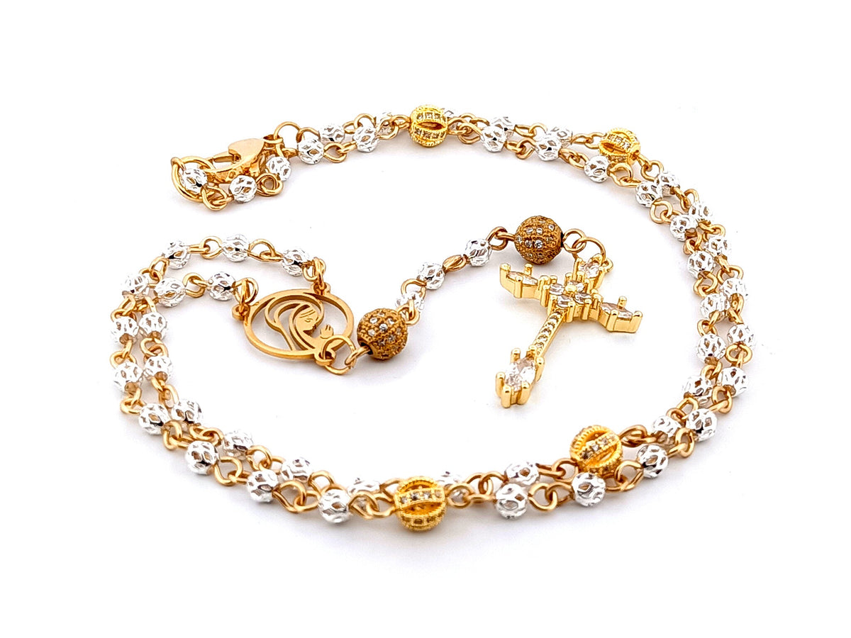 Praying Virgin Mary 925 sterling silver and 18ct gold plated rosary beads necklace with cubic zirconia cross.
