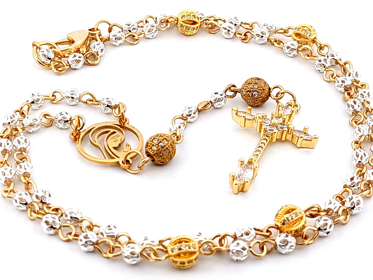 Praying Virgin Mary 925 sterling silver and 18ct gold plated rosary beads necklace with cubic zirconia cross.