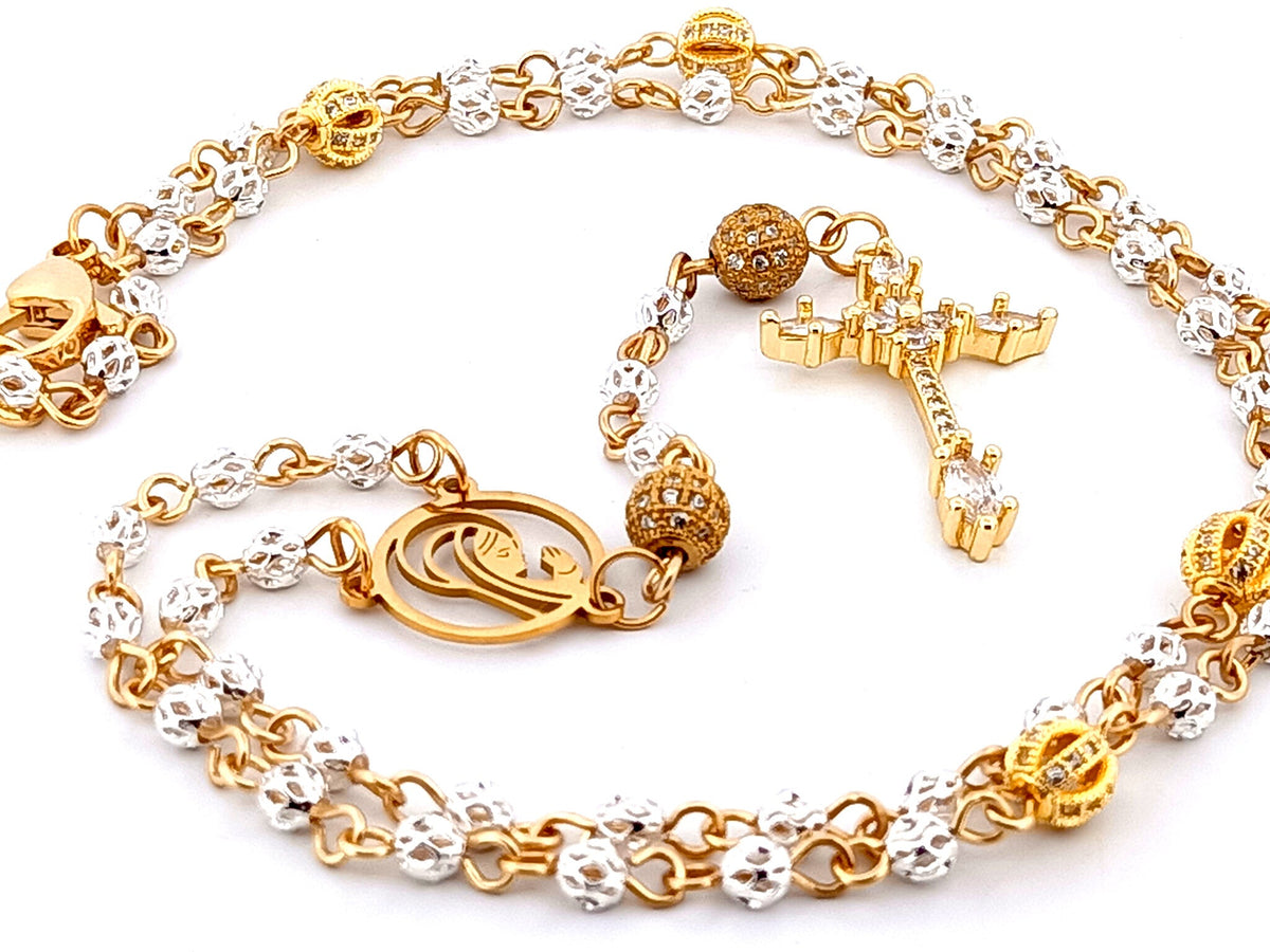 Praying Virgin Mary 925 sterling silver and 18ct gold plated rosary beads necklace with cubic zirconia cross.