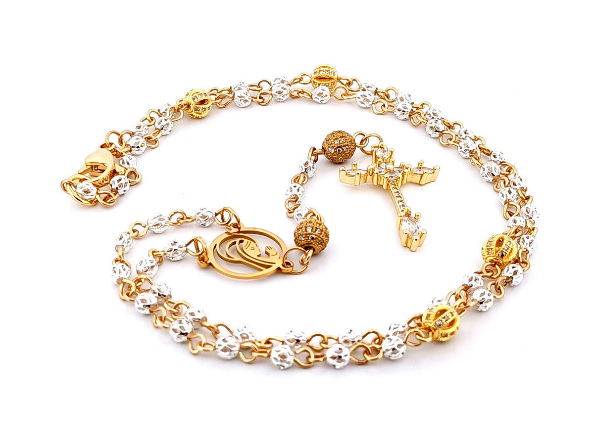 Praying Virgin Mary 925 sterling silver and 18ct gold plated rosary beads necklace with cubic zirconia cross.