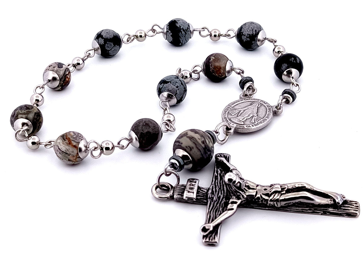 Miraculous Medal snowflake and map jasper gemstone single decade rosary beads with stainless steel crucifix.