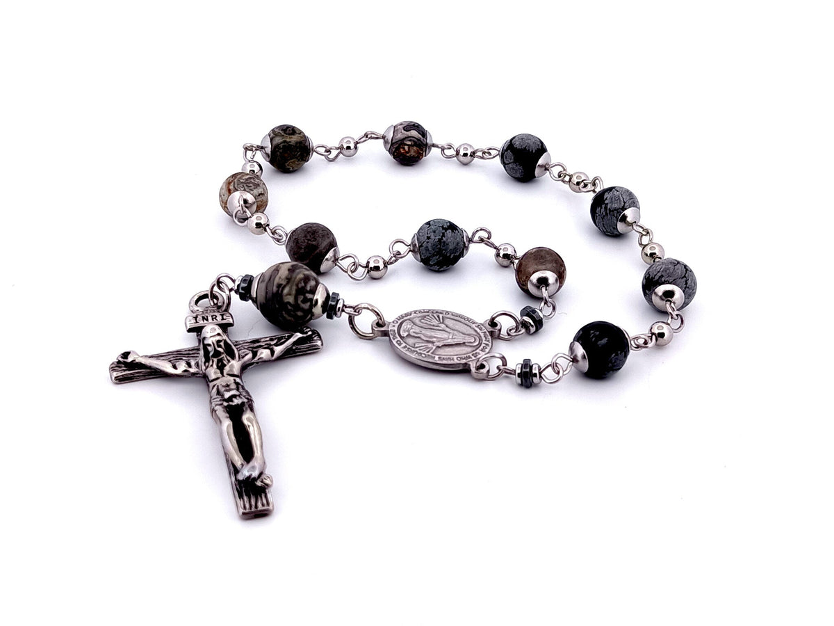 Miraculous Medal snowflake and map jasper gemstone single decade rosary beads with stainless steel crucifix.