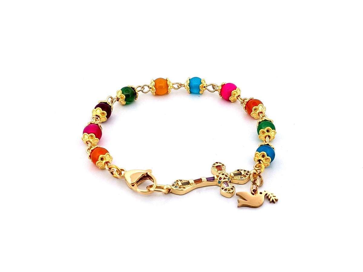 Holy Spirit multi coloured agate gemstone single decade rosary bead bracelet with 18K gold cubic zirconia cross.