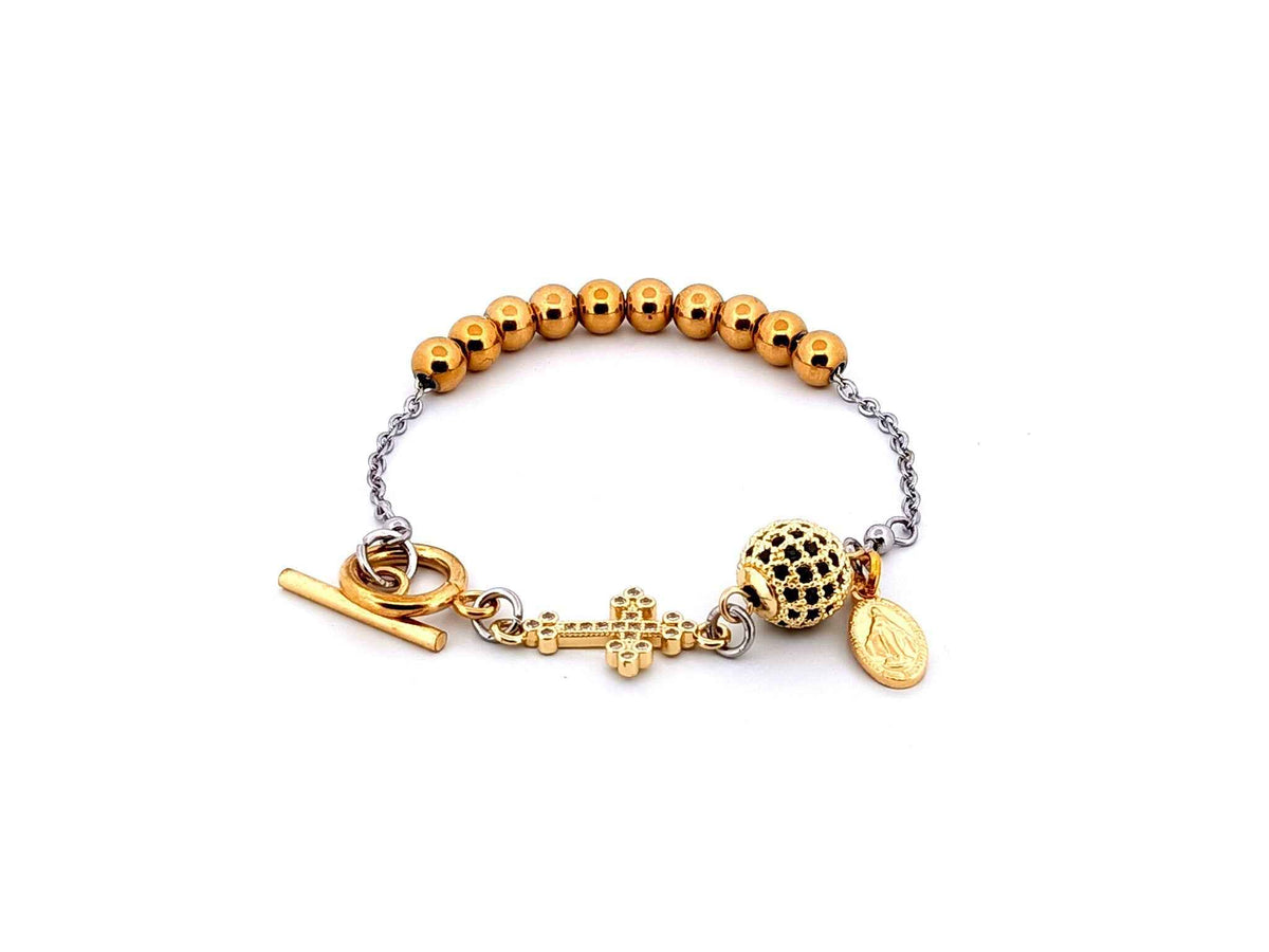 Miraculous Medal 18K gold plated stainless steel and cubic zirconia single decade rosary bead bracelet with small 18K gold cross.