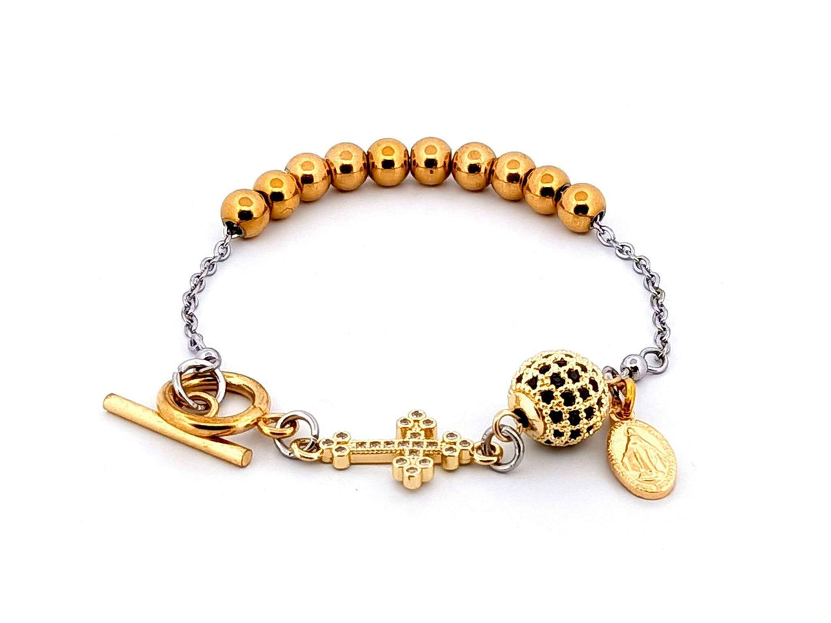 Miraculous Medal 18K gold plated stainless steel and cubic zirconia single decade rosary bead bracelet with small 18K gold cross.