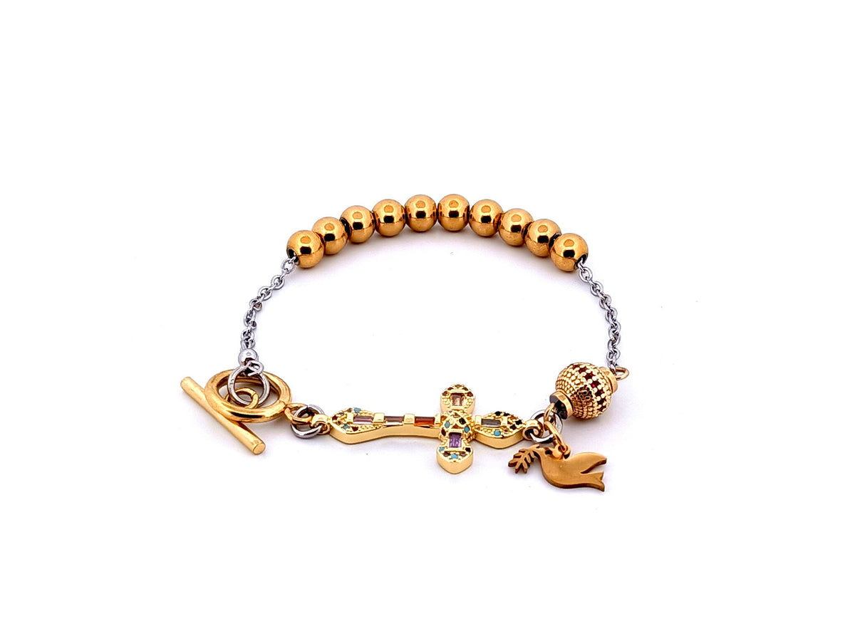Holy Spirit 18K gold plated stainless steel single decade rosary bead bracelet with 18K cubic zirconia cross.