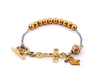 Holy Spirit 18K gold plated stainless steel single decade rosary bead bracelet with 18K cubic zirconia cross.