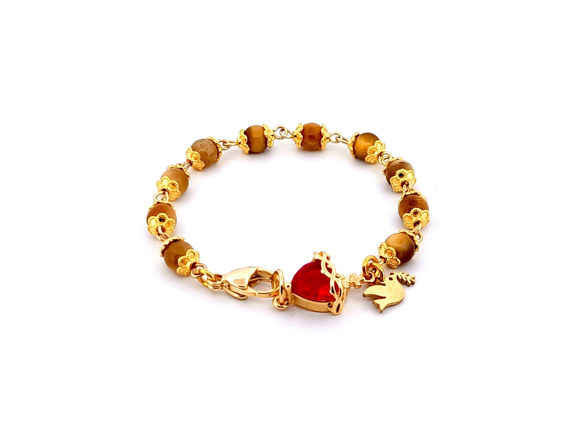 Sacred Heart tigers eye gemstone and crystal 18ct gold single decade rosary bead bracelet with Holy Spirit medal.