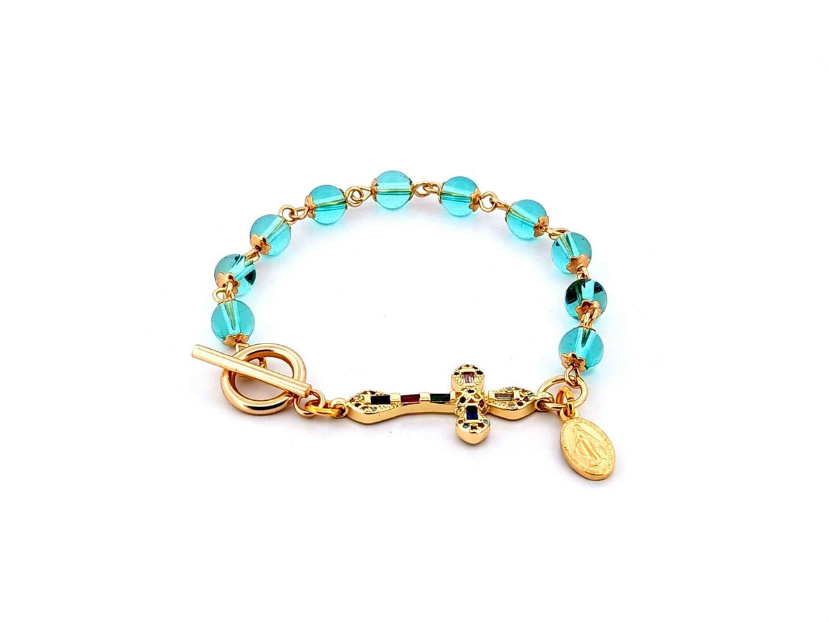 Miraculous Medal Austrian crystal single decade rosary bead bracelet with 18K gold cubic zirconia cross.
