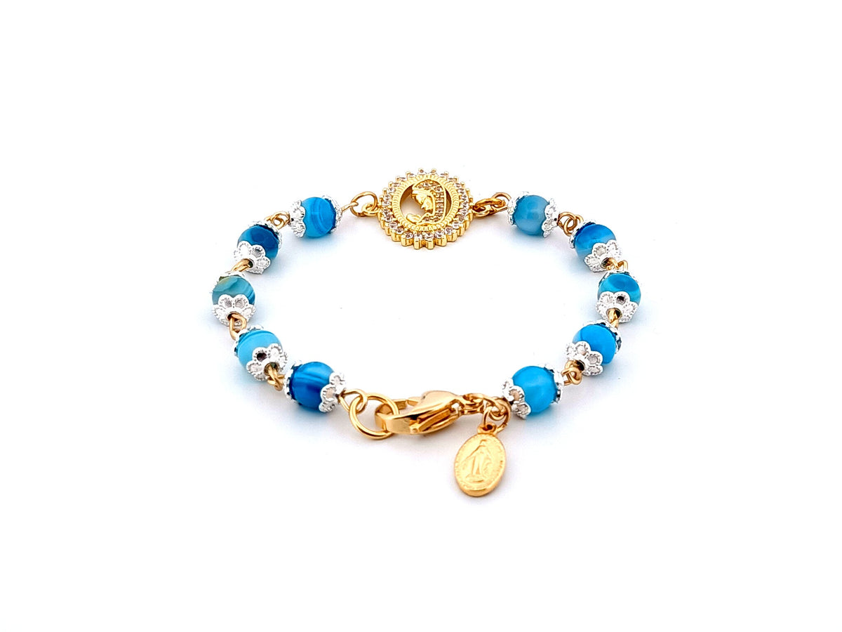 Virgin Mary striped blue agate gemstone single decade rosary bead bracelet with gold plated Miraculous medal.