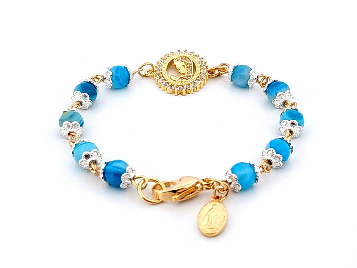 Virgin Mary striped blue agate gemstone single decade rosary bead bracelet with gold plated Miraculous medal.