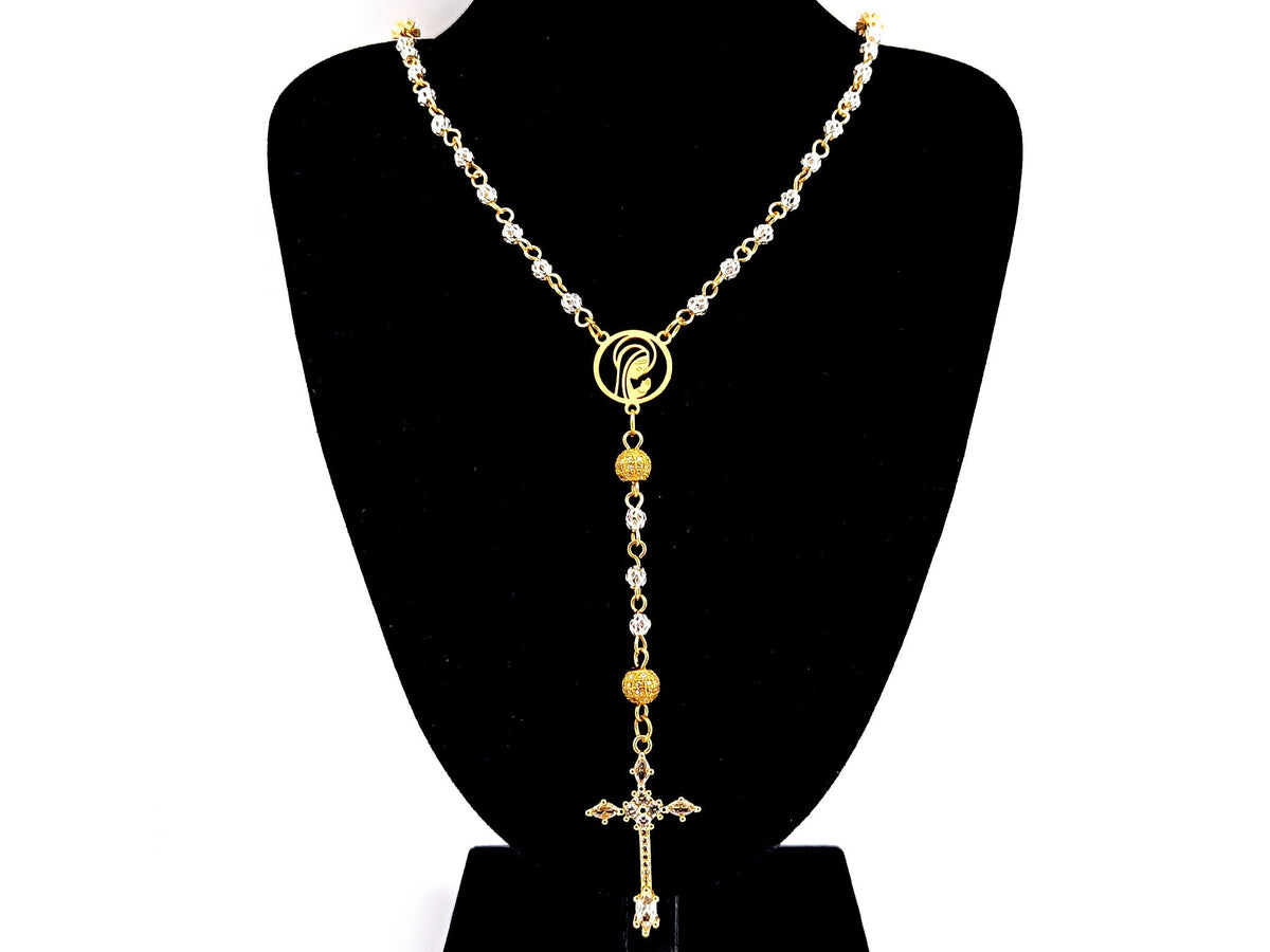 Praying Virgin Mary 925 sterling silver and 18ct gold plated rosary beads necklace with cubic zirconia cross.