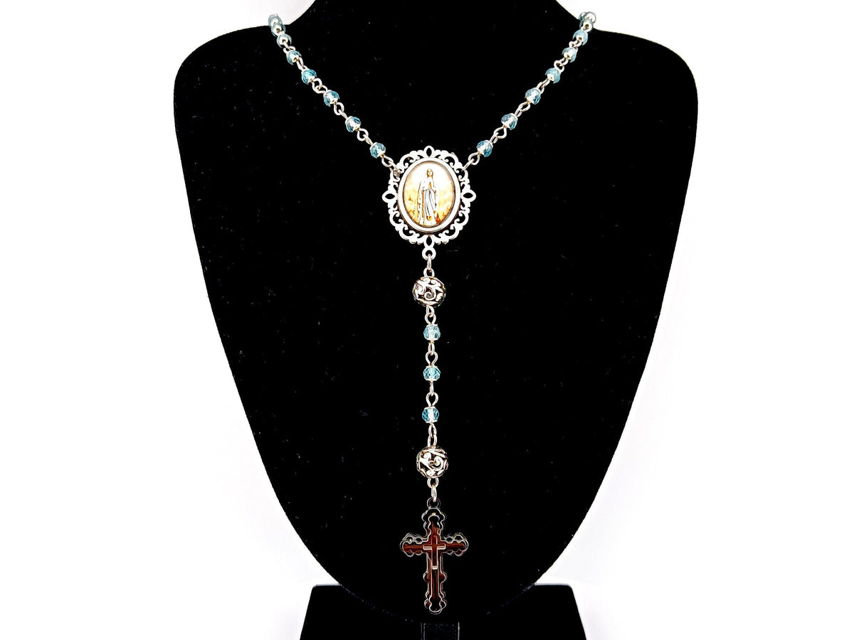 Immaculate Conception topaz gemstone and silver rosary beads with stainless steel 3D cross.