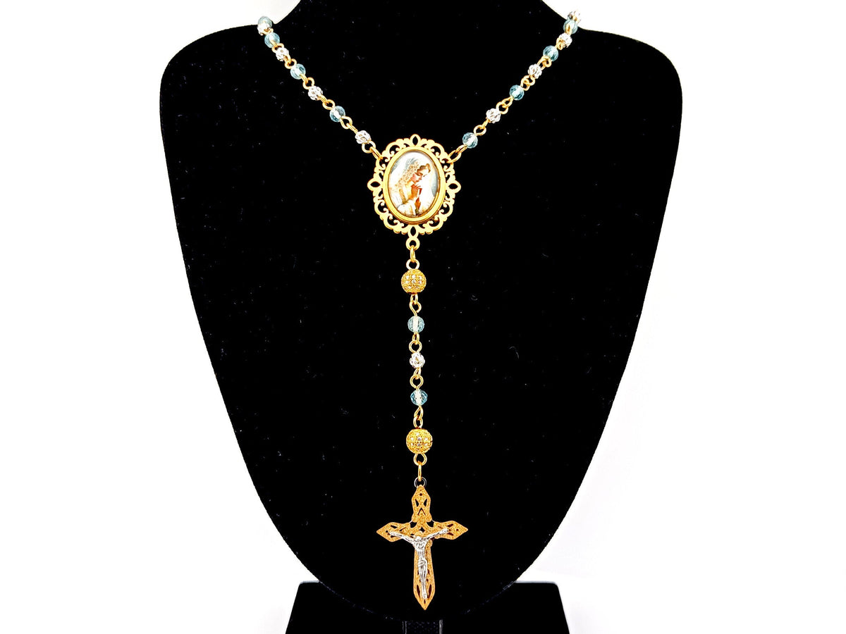 Virgin Mary topaz gemstone and 925 sterling silver rosary beads with mosaic 3D crucifix.