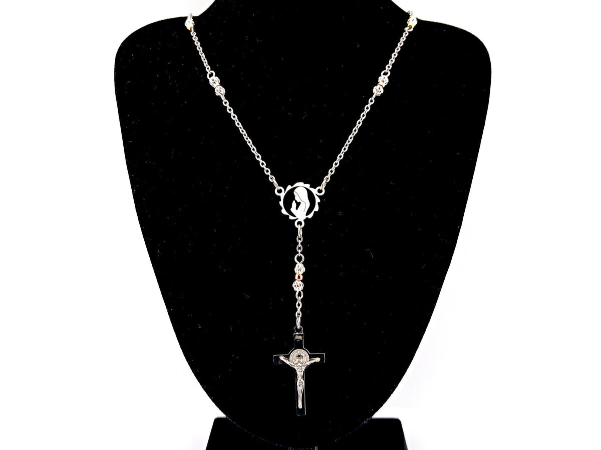 Praying Virgin Mary 925 sterling silver stainless steel necklace with Saint Benedict crucifix