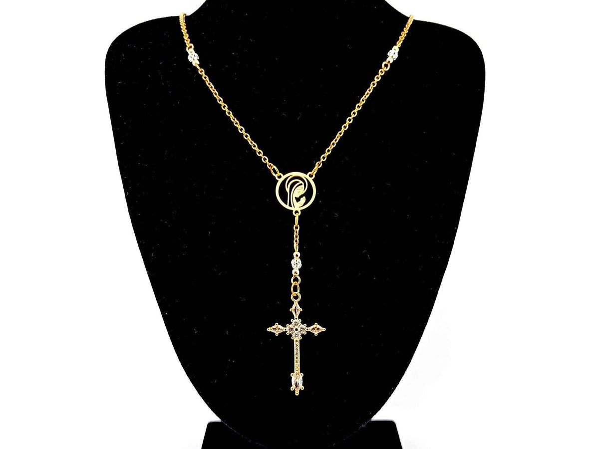 Praying Virgin Mary 925 sterling silver and 18K gold plated stainless steel necklace with small cubic zirconia crucifix.