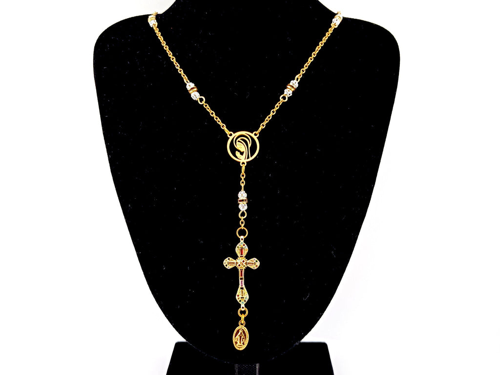 Praying Virgin Mary 925 sterling silver and 18K gold plated stainless steel necklace with small cubic zirconia cross.