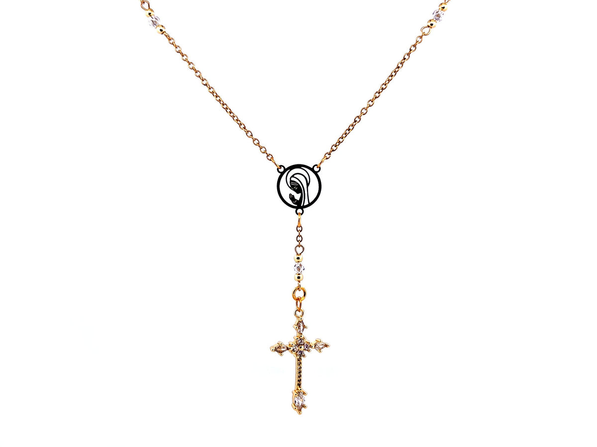 Praying Virgin Mary 925 sterling silver and 18K gold plated stainless steel necklace with small cubic zirconia crucifix.