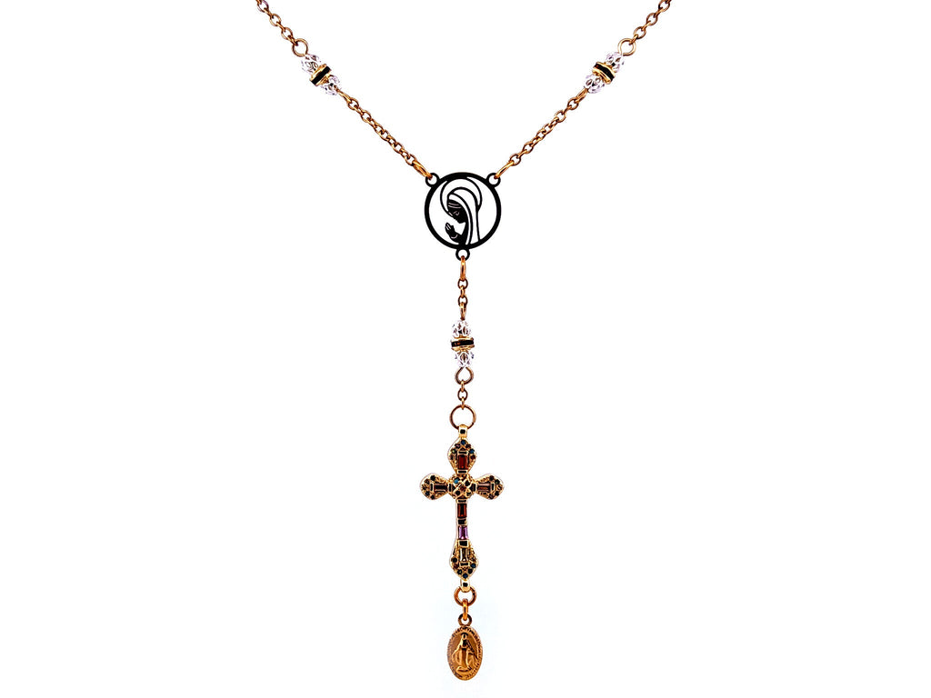 Praying Virgin Mary 925 sterling silver and 18K gold plated stainless steel necklace with small cubic zirconia cross.