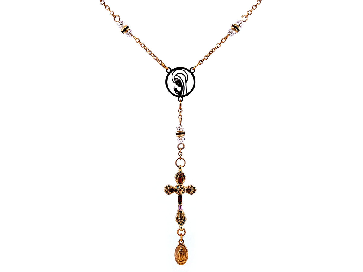 Praying Virgin Mary 925 sterling silver and 18K gold plated stainless steel necklace with small cubic zirconia cross.