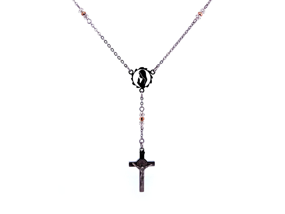 Praying Virgin Mary 925 sterling silver stainless steel necklace with Saint Benedict crucifix
