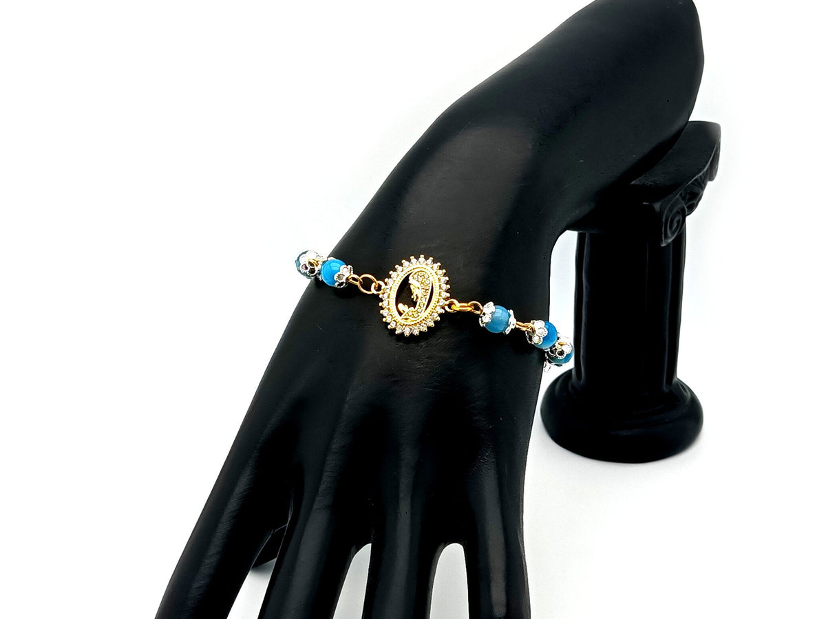 Virgin Mary striped blue agate gemstone single decade rosary bead bracelet with gold plated Miraculous medal.