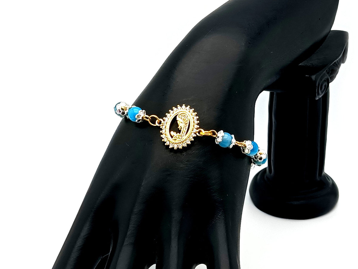 Virgin Mary striped blue agate gemstone single decade rosary bead bracelet with gold plated Miraculous medal.