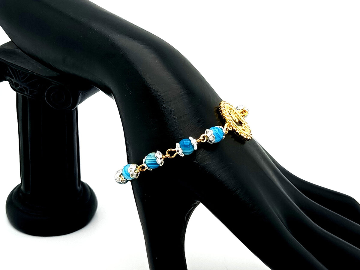 Virgin Mary striped blue agate gemstone single decade rosary bead bracelet with gold plated Miraculous medal.