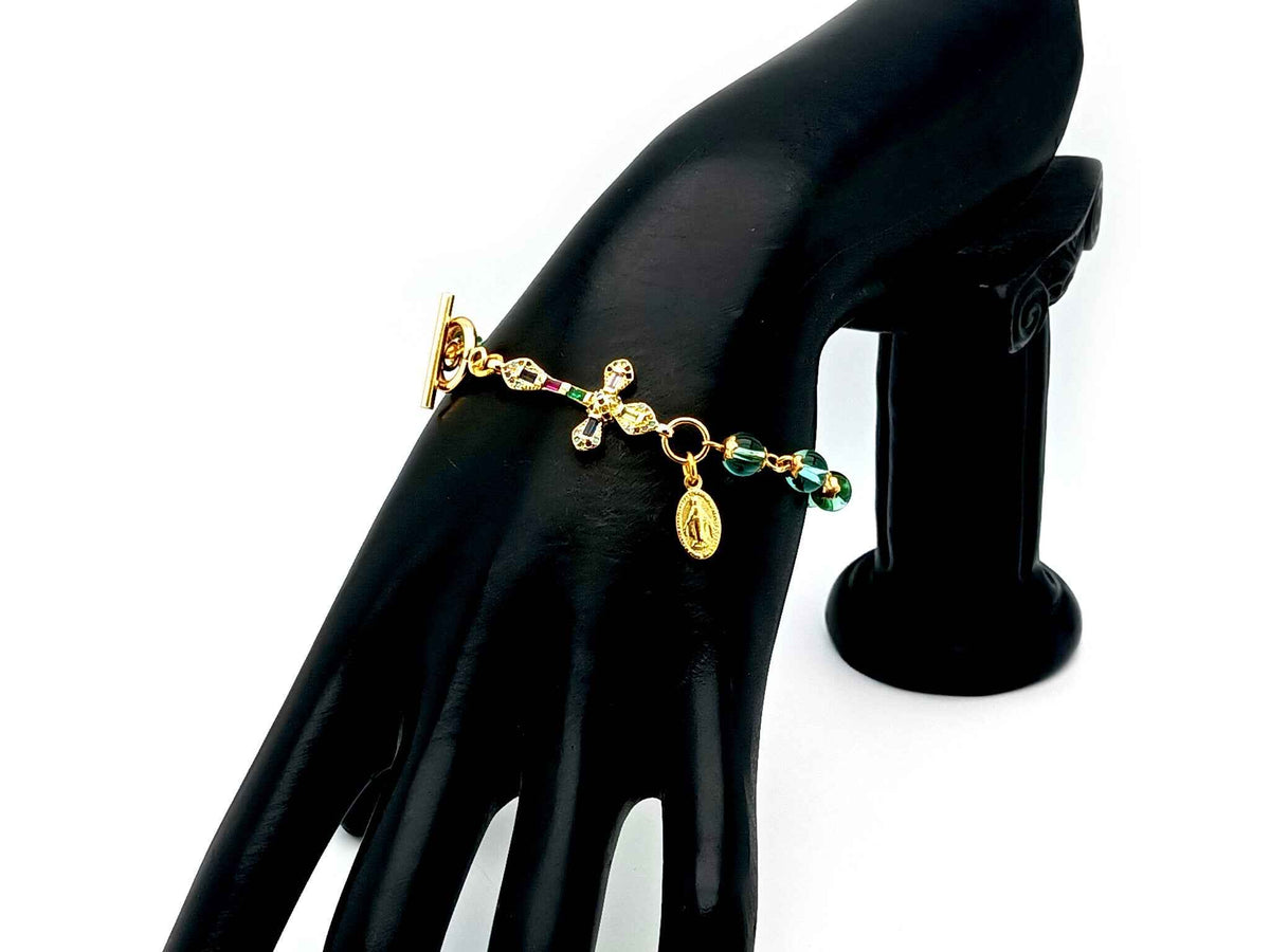 Miraculous Medal Austrian crystal single decade rosary bead bracelet with 18K gold cubic zirconia cross.