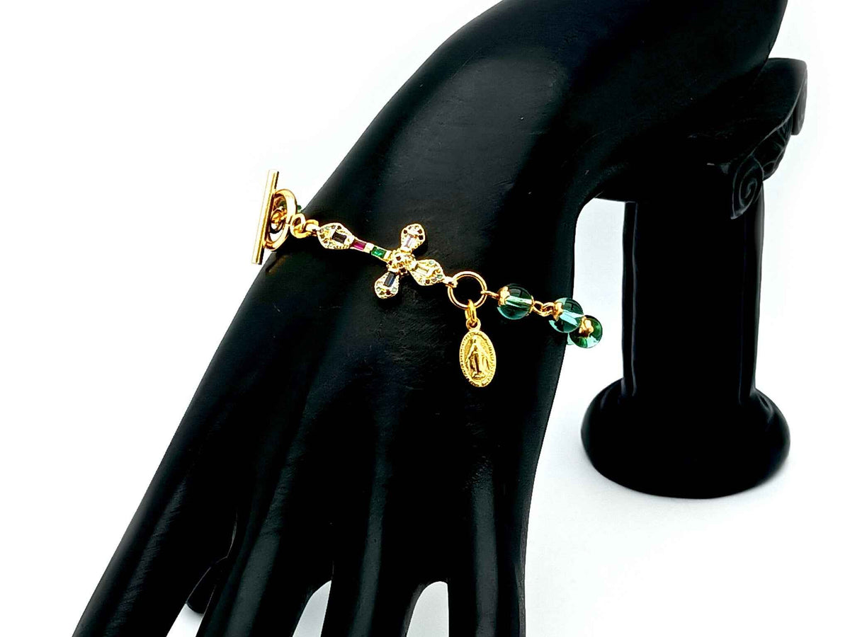 Miraculous Medal Austrian crystal single decade rosary bead bracelet with 18K gold cubic zirconia cross.