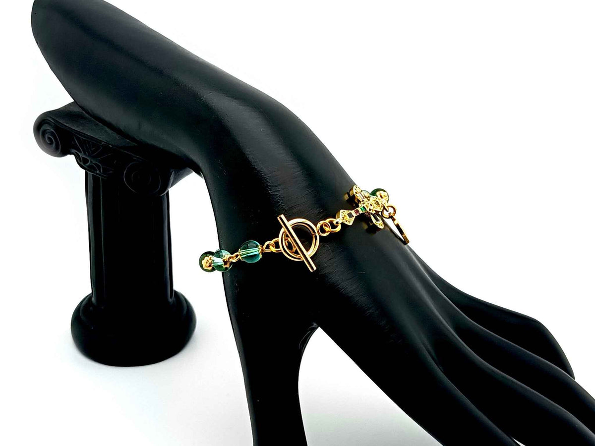 Miraculous Medal Austrian crystal single decade rosary bead bracelet with 18K gold cubic zirconia cross.
