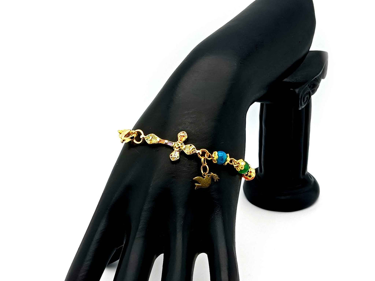 Holy Spirit multi coloured agate gemstone single decade rosary bead bracelet with 18K gold cubic zirconia cross.