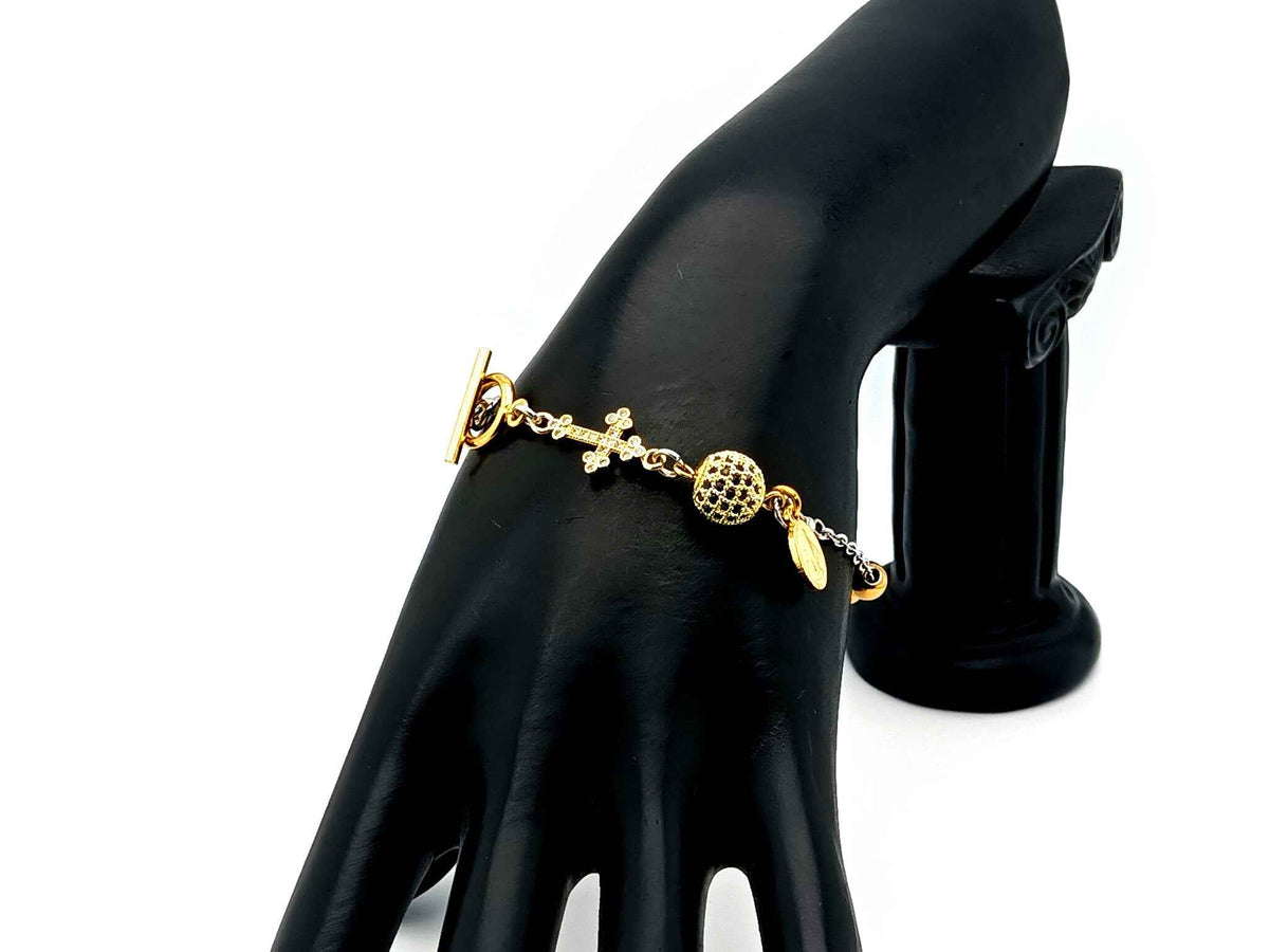 Miraculous Medal 18K gold plated stainless steel and cubic zirconia single decade rosary bead bracelet with small 18K gold cross.