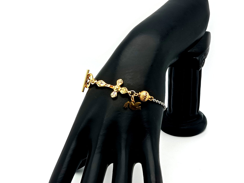 Holy Spirit 18K gold plated stainless steel single decade rosary bead bracelet with 18K cubic zirconia cross.