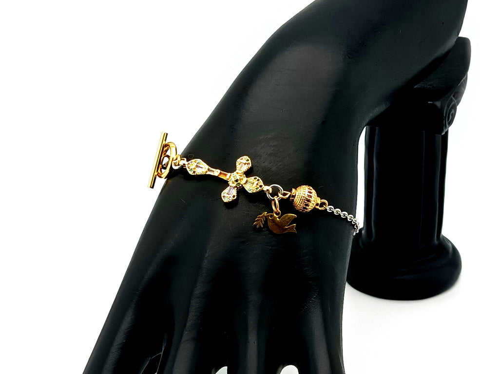 Holy Spirit 18K gold plated stainless steel single decade rosary bead bracelet with 18K cubic zirconia cross.