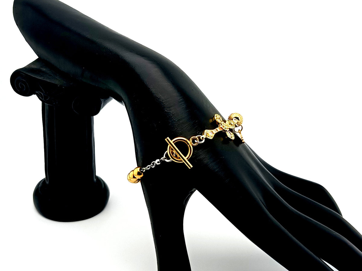 Holy Spirit 18K gold plated stainless steel single decade rosary bead bracelet with 18K cubic zirconia cross.