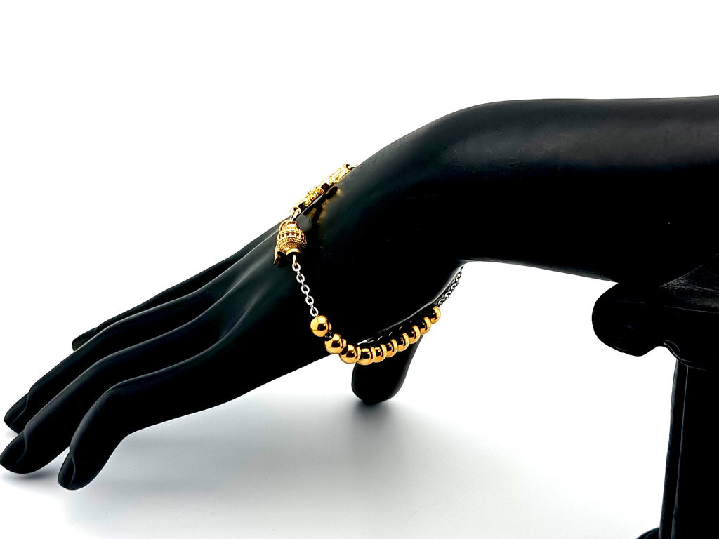 Holy Spirit 18K gold plated stainless steel single decade rosary bead bracelet with 18K cubic zirconia cross.
