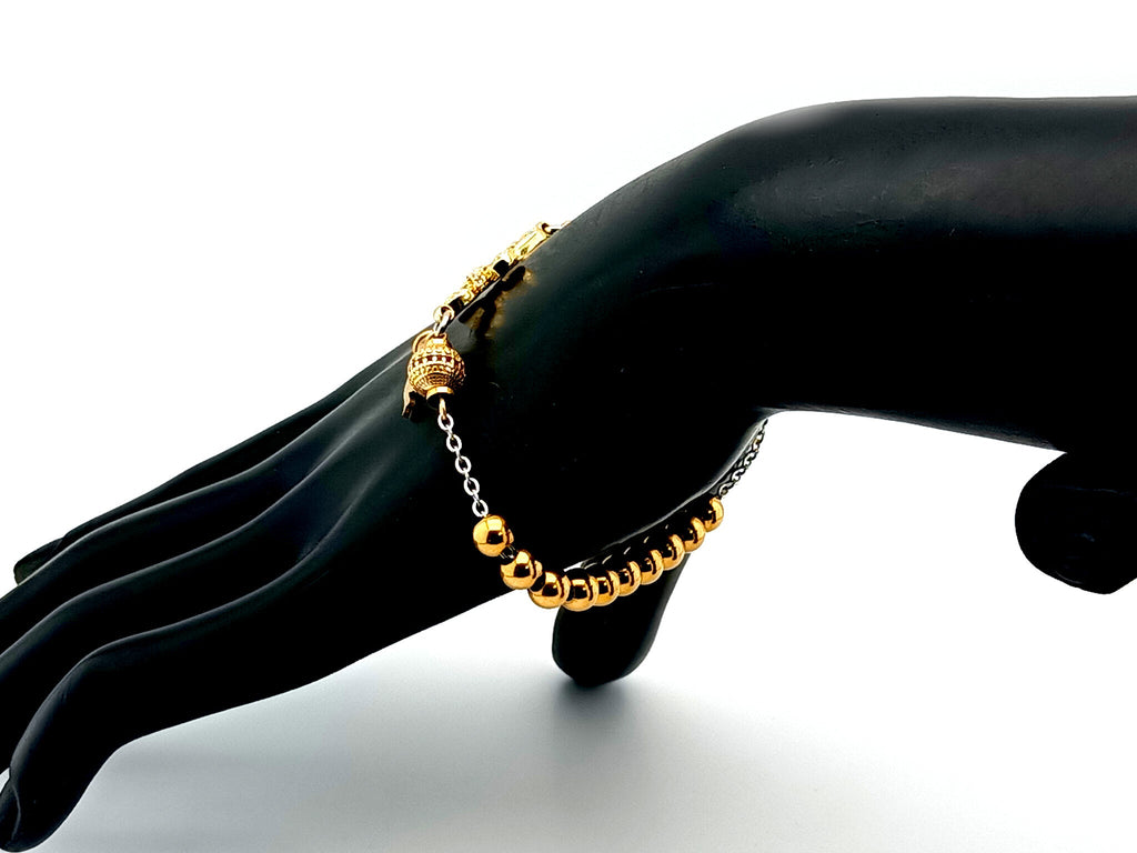 Holy Spirit 18K gold plated stainless steel single decade rosary bead bracelet with 18K cubic zirconia cross.