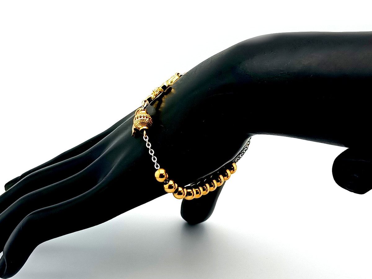 Holy Spirit 18K gold plated stainless steel single decade rosary bead bracelet with 18K cubic zirconia cross.