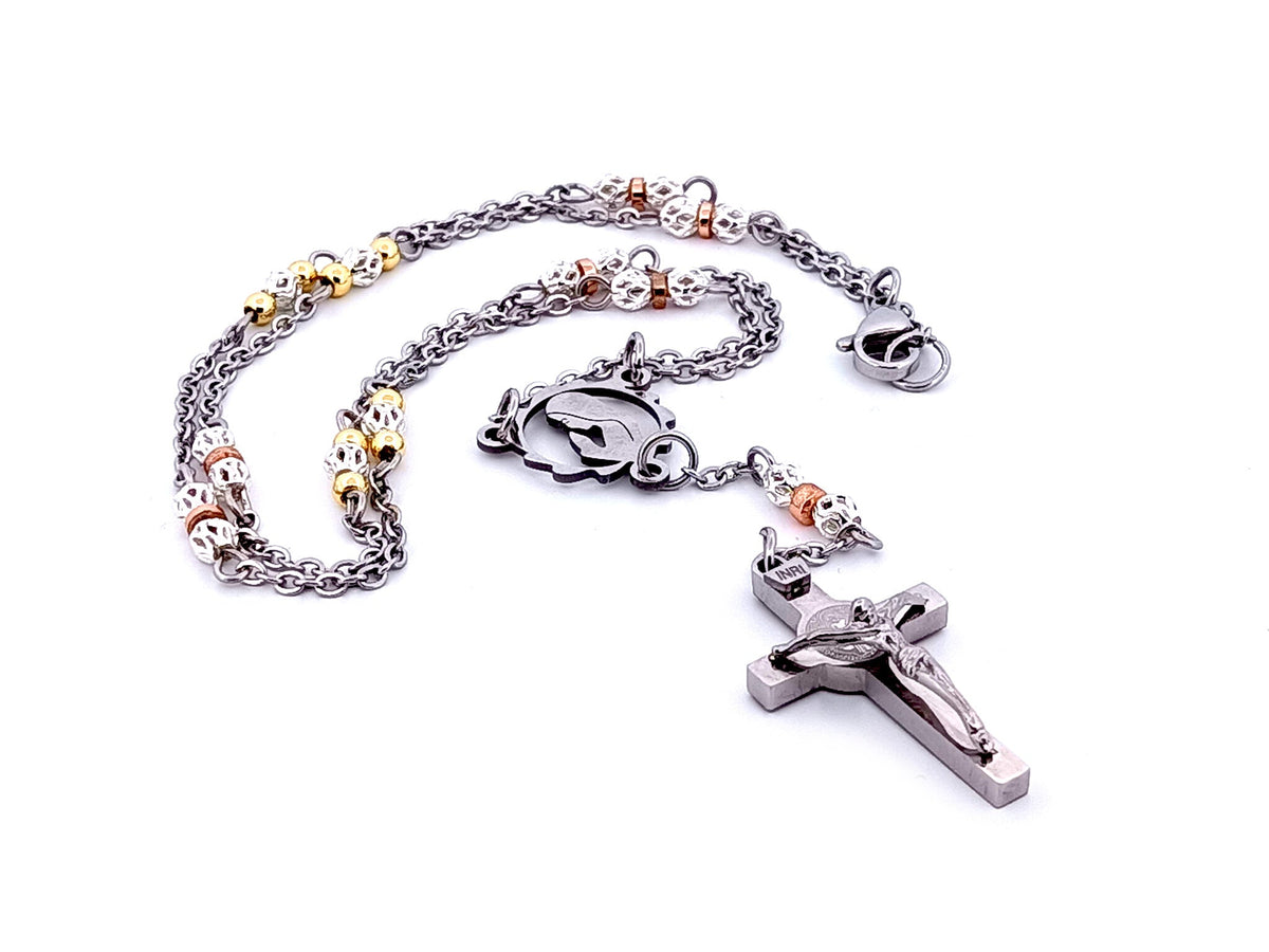 Praying Virgin Mary 925 sterling silver stainless steel necklace with Saint Benedict crucifix