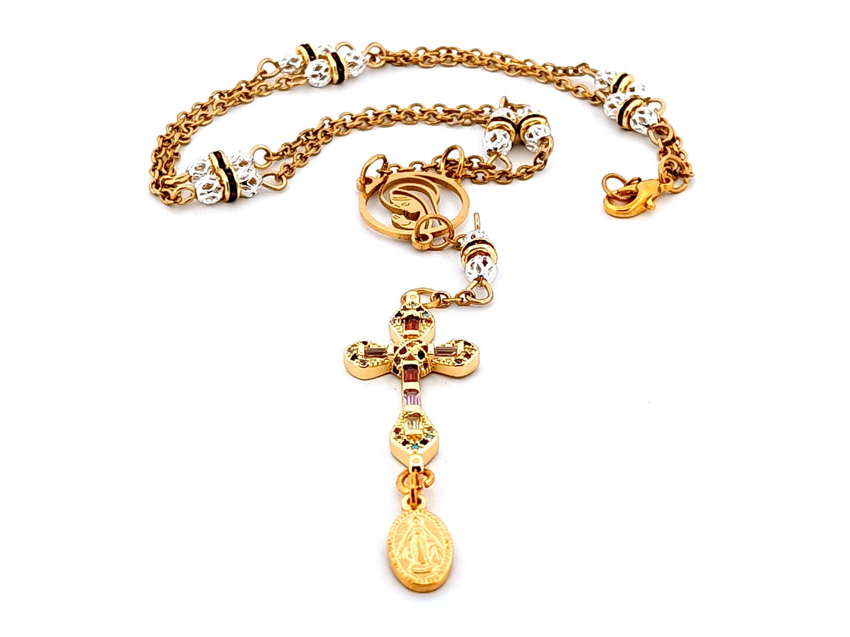 Praying Virgin Mary 925 sterling silver and 18K gold plated stainless steel necklace with small cubic zirconia cross.