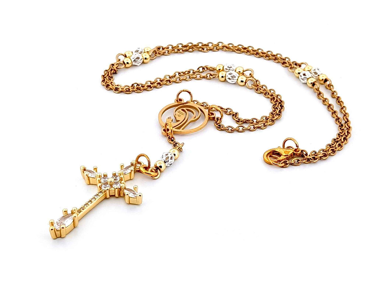 Praying Virgin Mary 925 sterling silver and 18K gold plated stainless steel necklace with small cubic zirconia crucifix.