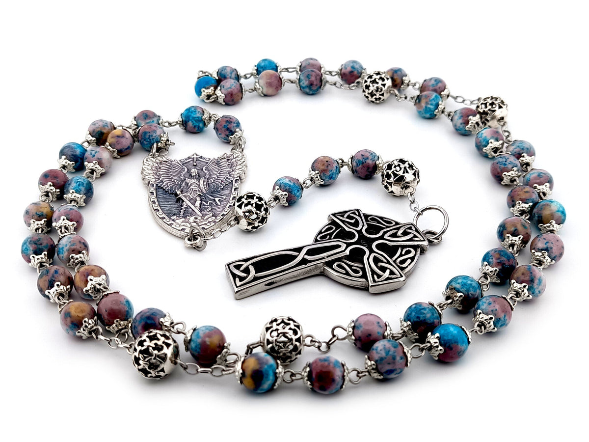 Saint Michael the archangel cyan dark marble gemstone and silver rosary beads with Celtic cross.