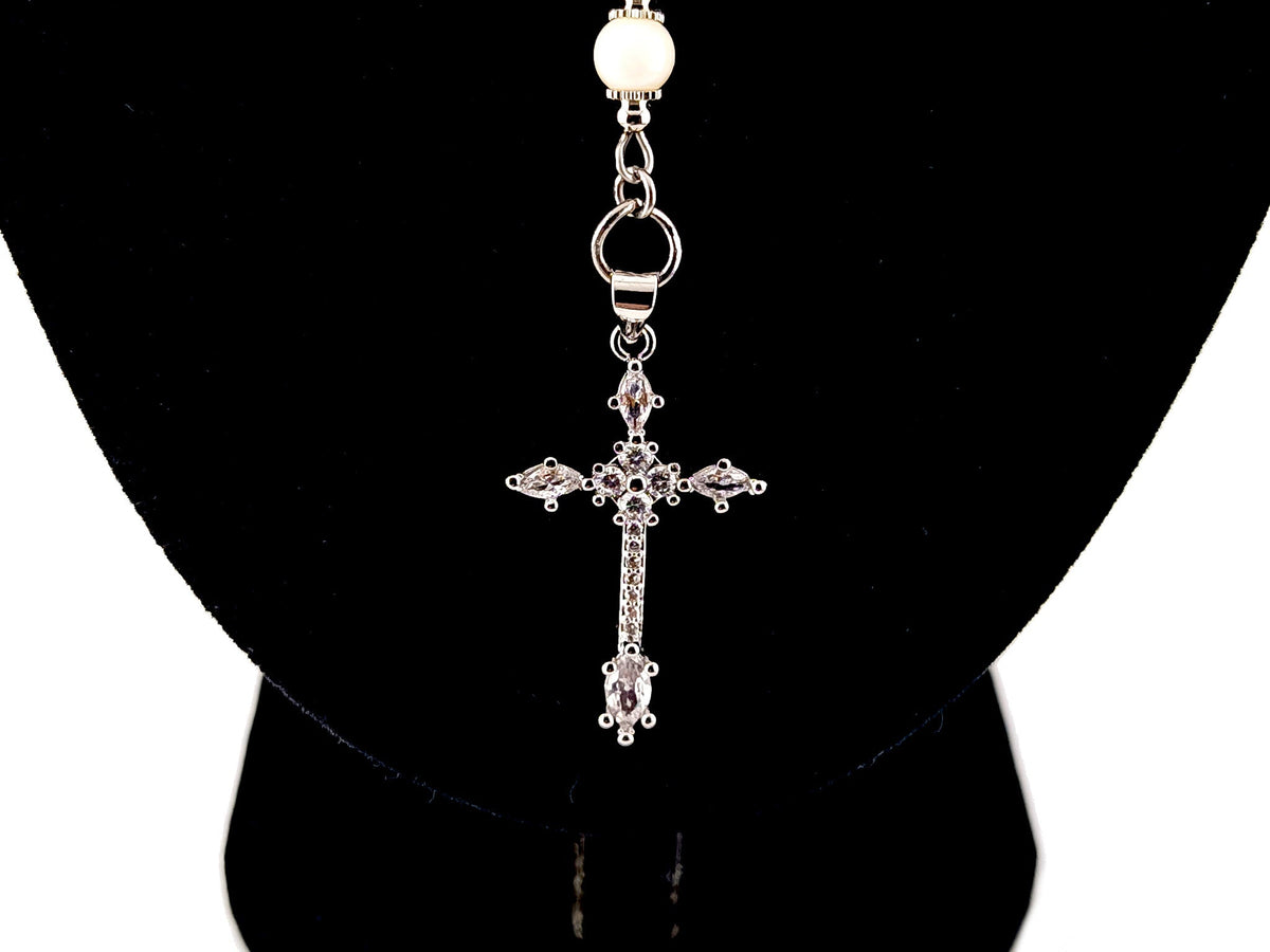 Our Lady of Fatima fresh water pearl rosary beads necklace with cubic zirconia cross.