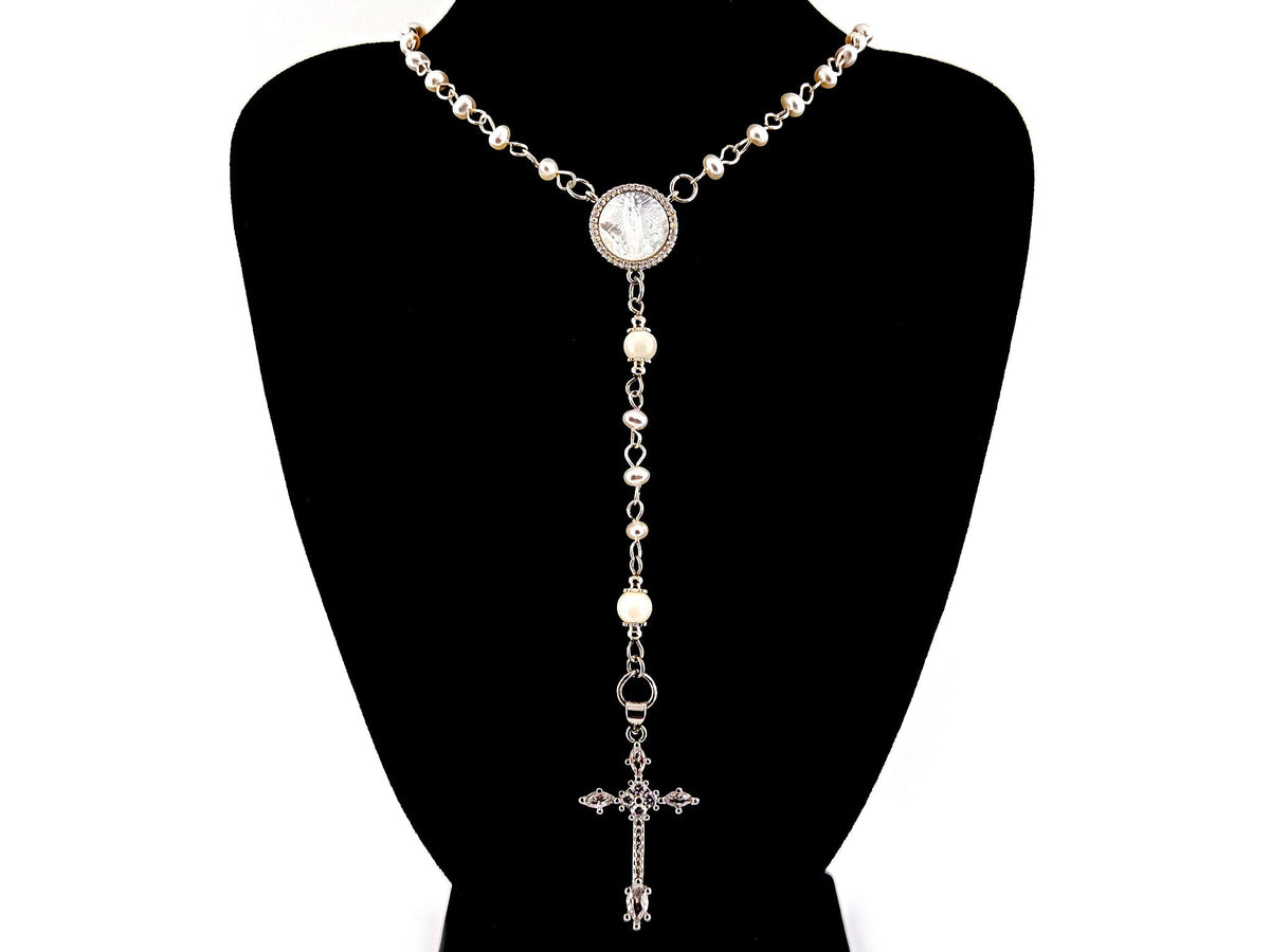 Our Lady of Fatima fresh water pearl rosary beads necklace with cubic zirconia cross.
