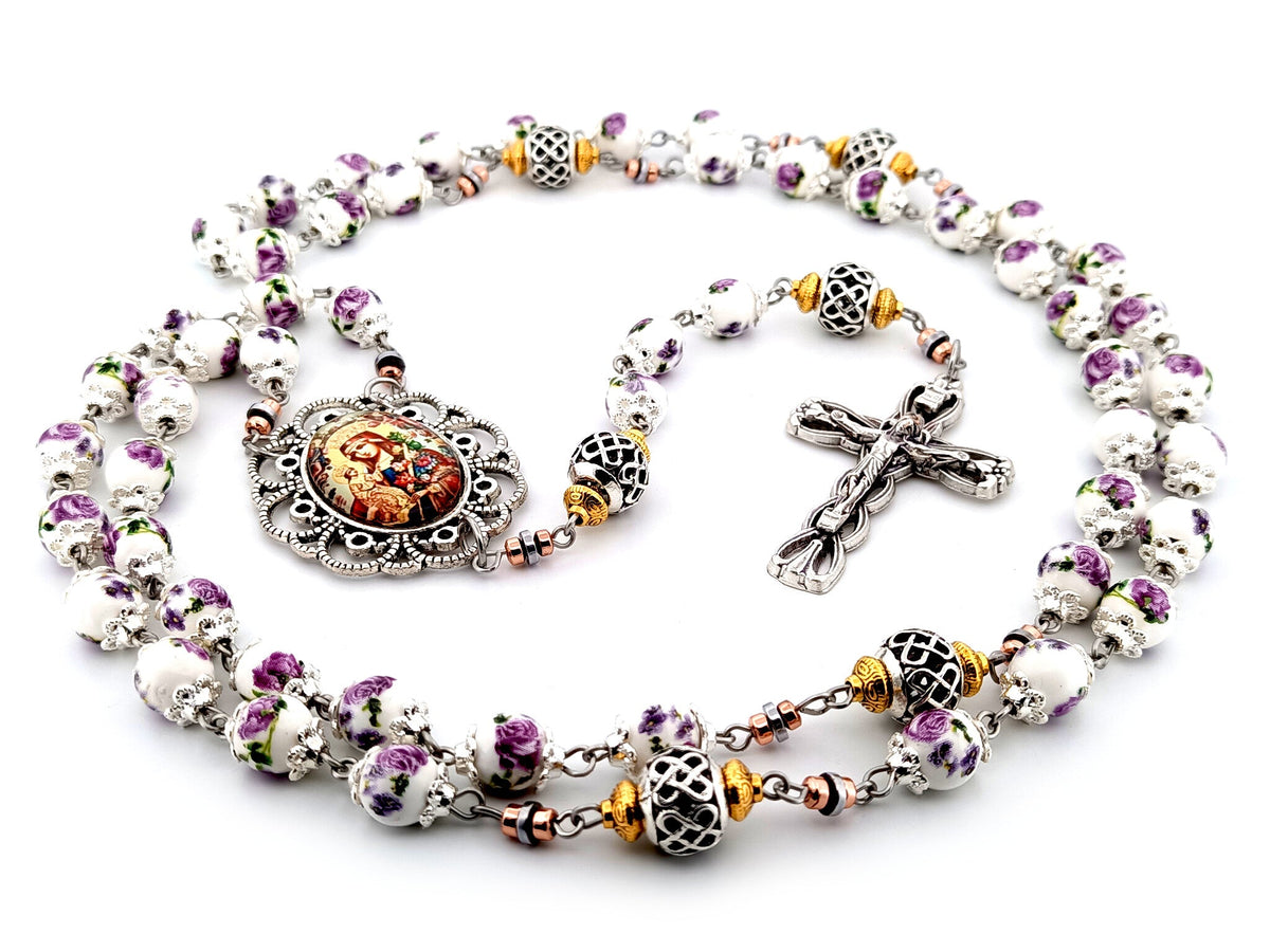 Our Lady of Perpetual Help purple floral porcelain and silver rosary beads with silver lily crucifix.
